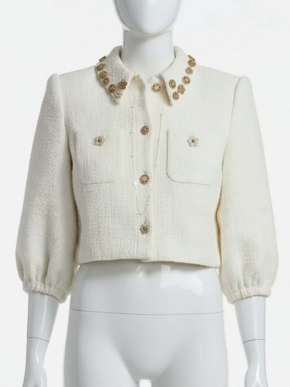 Cinq à Sept Women Ivory Ansey Embellished Tweed Crop Jacket Size M